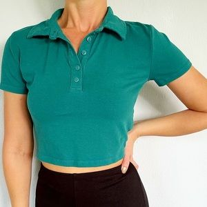 Forever 21 teal green cropped stretch collared polo top size medium